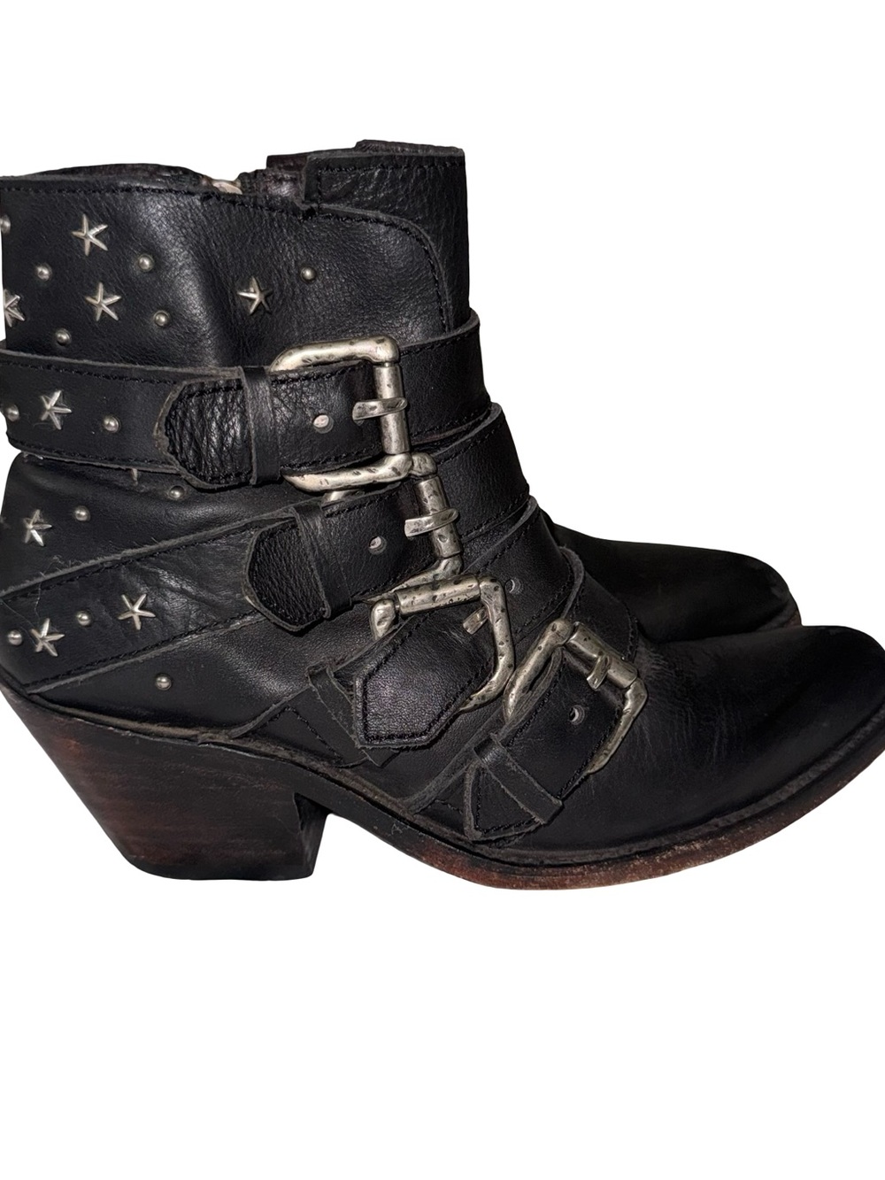 Liberty Black Size 7 Black Leather Studded Buckle Ankle Boots Western Moto Boho